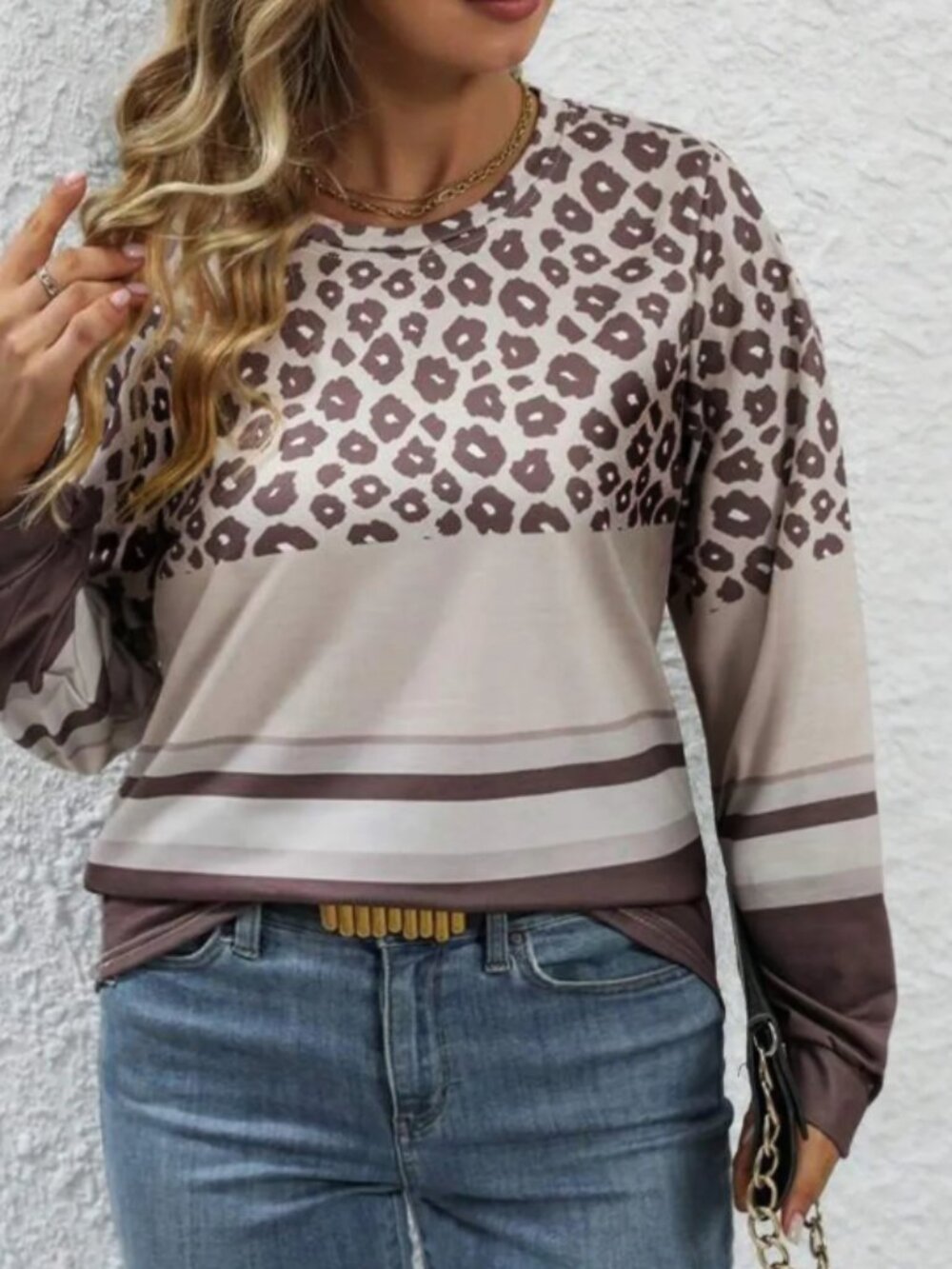 Coffee Plus Size Leopard Striped Long Sleeve Top